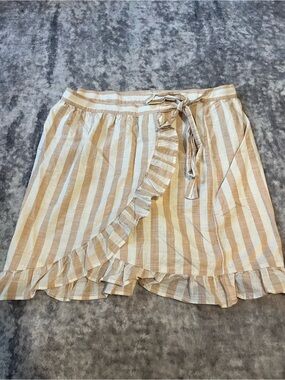 J. Crew Beige and White Striped Ruffle Wrap Skirt